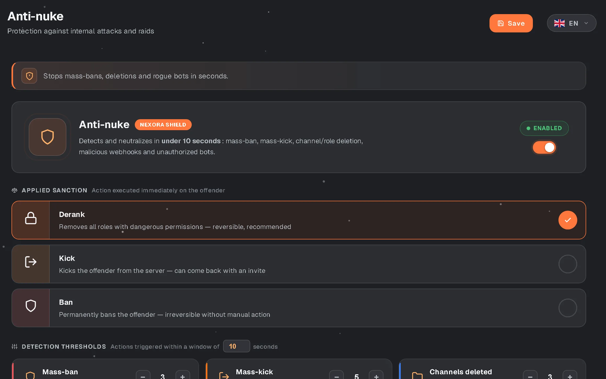 Page Anti-nuke du dashboard Nexora