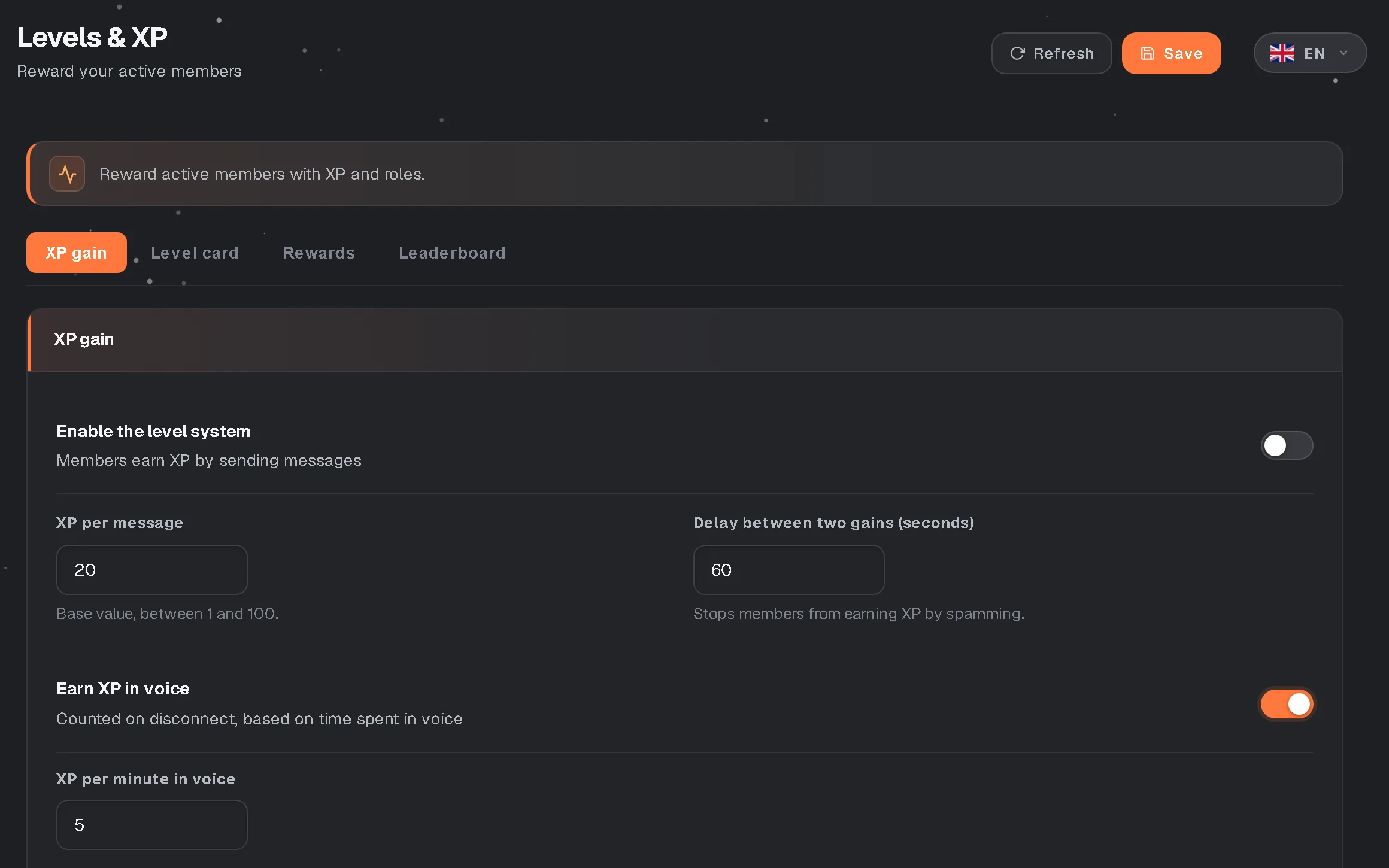 Page Niveaux du dashboard Nexora